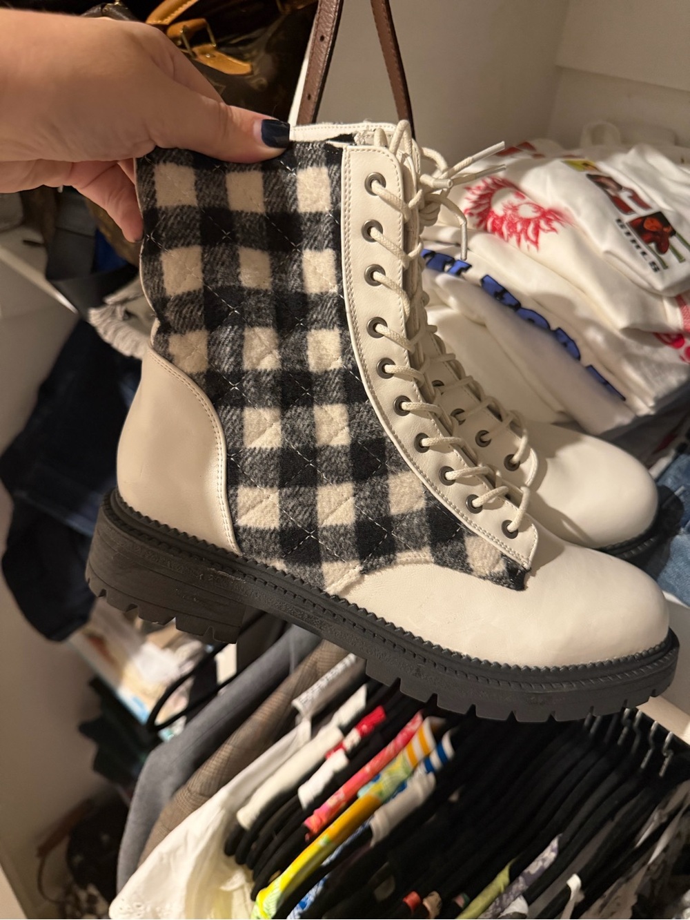 Women's Cream Plaid Lace-Up Combat Boots Size 10